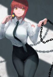 Rule 34 | 1girl, absurdres, black necktie, black pants, blurry, blurry background, braid, braided ponytail, breasts, candy, chain, chainsaw man, closed mouth, collared shirt, commentary, cowboy shot, dress shirt, english commentary, food, high-waist pants, highres, holding, holding candy, holding chain, holding food, holding lollipop, large breasts, lollipop, long sleeves, looking to the side, makima (chainsaw man), medium hair, necktie, pants, pigone, red hair, ringed eyes, shadow, shirt, shirt tucked in, sidelocks, smile, solo, sunlight, thigh gap, white shirt, wing collar, yellow eyes
