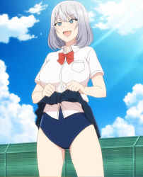 Rule 34 | 1girl, blue eyes, breasts, clothes lift, cloud, flashing, highres, large breasts, lifted by self, lip fang, medium breasts, medium hair, one-piece swimsuit, outdoors, screencap, silver hair, skirt, skirt lift, sky, solo, standing, swimsuit, swimsuit under clothes, tejina senpai, tejina senpai (series)