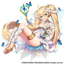 Rule 34 | 1girl, :d, animal, apple caramel, bare shoulders, blonde hair, blue eyes, blue wings, blush, breasts, bridal gauntlets, brown footwear, bug, butterfly, cleavage, commentary request, copyright notice, copyright request, dress, earrings, fairy wings, full body, gloves, hair between eyes, high heels, highres, holding, holding staff, insect, jewelry, long hair, medium breasts, official art, open mouth, pointy ears, shoes, smile, solo, staff, strapless, strapless dress, stud earrings, teeth, twintails, upper teeth only, very long hair, watermark, white dress, white gloves, wings