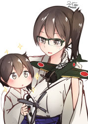 Rule 34 | 10s, 2015, 2girls, :o, aircraft, airplane, bespectacled, brown eyes, brown hair, dated, glasses, helicopter, japan maritime self-defense force, japan self-defense force, japanese clothes, kaga (jmsdf), kaga (kancolle), kantai collection, long sleeves, military, multiple girls, nekobaka, open mouth, ponytail, short hair, side ponytail, simple background, sparkle, sweat, toy, toy airplane, twitter username, white background, aged down