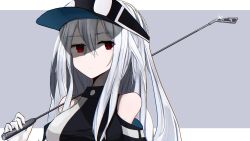 Rule 34 | 1girl, adapted uniform, arknights, bare shoulders, black hat, breasts, closed mouth, dexiatomo, expressionless, glint, gloves, golf club, grey background, hair between eyes, hat, highres, letterboxed, looking at viewer, medium breasts, outside border, red eyes, shaded face, silver hair, simple background, skadi (arknights), solo, upper body, visor cap, white gloves