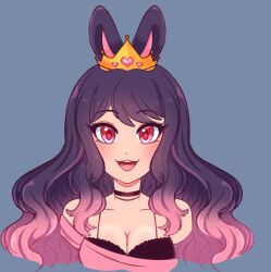 Rule 34 | 1girl, :3, animal ears, bare shoulders, black choker, breasts, choker, cleavage, commentary, english commentary, gradient hair, grey background, indie virtual youtuber, large breasts, mimiipyon, multicolored hair, off shoulder, open mouth, pepon (vtuber), pink hair, portrait, purple hair, rabbit ears, smile, solo, spaghetti strap, tiara, virtual youtuber, wavy hair