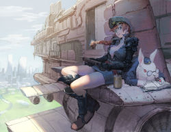 Rule 34 | 1girl, aircraft, airship, animal, blue eyes, book, boots, braid, breasts, brown hair, rabbit, can, cigar, cleavage, cloud, day, glasses, gun, handgun, hat, highres, large breasts, legs, long legs, loped, miniskirt, open book, open clothes, open shirt, reading, red eyes, shirt, sitting, skirt, solo, thighs, unbuttoned, weapon
