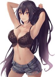 Rule 34 | 1girl, alternate costume, armpits, arms up, black bra, black hair, bra, breasts, brown eyes, cleavage, collarbone, contrapposto, cowboy shot, cutoffs, denim, denim shorts, hair between eyes, hand in own hair, hands in hair, highres, kantai collection, kasumi (skchkko), lace, lace-trimmed bra, lace trim, large breasts, long bangs, long hair, looking at viewer, nagato (kancolle), navel, no shirt, parted lips, shorts, smile, solo, stomach, underwear, white background