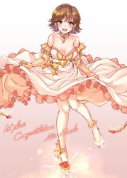 Rule 34 | 1girl, absurdres, ankle ribbon, anklet, blush, breasts, brooch, brown eyes, brown hair, choker, cleavage, collarbone, commentary, dress, earrings, elbow gloves, flower, frills, full body, glass slipper, gloves, gradient background, green eyes, hair between eyes, highres, honda mio, idolmaster, idolmaster cinderella girls, jewelry, leg ribbon, lips, looking at viewer, medium breasts, necklace, open mouth, orange gloves, red flower, ribbon, round teeth, shashaki, shoe flower, shoes, short hair, skirt hold, solo, standing, star (symbol), star earrings, strapless, strapless dress, tearing up, tears, teeth, white dress