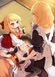 Rule 34 | 3girls, apron, black dress, blonde hair, blush, braid, brown hair, closed eyes, couple, dress, female focus, from above, grabbing another&#039;s hair, hair ribbon, hakurei reimu, height difference, if they mated, jewelry, kirisame marisa, long hair, looking at another, mother and daughter, multiple girls, open mouth, piyokichi, puffy short sleeves, puffy sleeves, red eyes, red ribbon, red vest, rerisa (kyouno), ribbon, ring, seiza, short sleeves, sidelocks, single braid, sitting, sleeping, smile, tatami, touhou, triangle mouth, vest, wedding band, wedding ring, wife and wife, wooden floor, yellow eyes, yuri