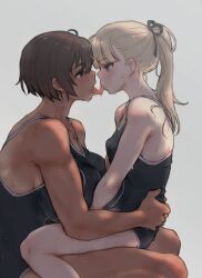 Rule 34 | 2girls, black ribbon, blonde hair, blue eyes, breasts, brown eyes, brown hair, eye contact, french kiss, grey background, hair ribbon, highres, kei (m k), kiss, large breasts, looking at another, m k, multiple girls, one-piece swimsuit, original, ribbon, rika (m k), saliva, short hair, simple background, small breasts, sweat, swimsuit, tongue, tongue out, yuri
