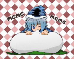 Rule 34 | 1other, androgynous, baozi, blue eyes, blue hair, blue hat, blue shirt, commentary request, eating, food, hat, kashiwagi kaoru, len&#039;en, long sleeves, medium hair, mini person, nasubi (ajsswofbck8), one eye closed, other focus, shirt, solo, v-shaped eyebrows