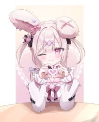 Rule 34 | 1girl, ;), animal ears, artist request, black bow, black choker, blonde hair, blunt bangs, blush, bow, choker, elbows on table, frilled sleeves, frills, hair bow, hair intakes, hair ornament, heart, heart hands, highres, indie virtual youtuber, looking at viewer, one eye closed, pink eyes, rabbit ears, rabbit girl, smile, solo, usatama amyu, x hair ornament