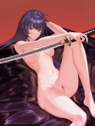 Rule 34 | 1girl, absurdres, ahoge, breasts, cleft of venus, closed mouth, female pubic hair, highres, holding, holding sword, holding weapon, honkai (series), honkai impact 3rd, invisible chair, katana, long hair, looking at viewer, navel, nude, pubic hair, pussy, raiden mei, red background, rfbyhjr, sitting, solo, sword, weapon