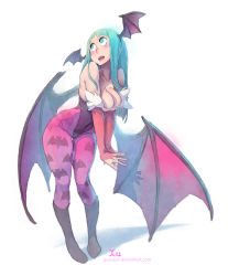 Rule 34 | 1girl, absurdres, animal print, bare shoulders, bat print, blush, breasts, cleavage, demon girl, from side, full body, green hair, head wings, highres, large breasts, leotard, looking up, morrigan aensland, open mouth, own hands together, pantyhose, print pantyhose, purple pantyhose, simple background, solo, standing, thighs, v arms, vampire (game), watermark, web address, white background, wings, xaxaxa