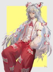 Rule 34 | 1girl, absurdres, ascot, baggy pants, bow, closed mouth, collared shirt, commentary request, feet out of frame, fujiwara no mokou, grey hair, hair bow, hands in pockets, highres, juliet sleeves, long hair, long sleeves, looking at viewer, ofuda, ofuda on clothes, pants, puffy sleeves, red ascot, red eyes, red pants, shirt, signature, simple background, skavod, solo, suspenders, touhou, very long hair, white bow, white shirt