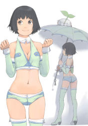 Rule 34 | 1girl, akinbo (hyouka fuyou), ass, black hair, boots, breasts, brown eyes, butt crack, cleavage, detached sleeves, halterneck, halterneck, highres, micro shorts, midriff, navel, parasol, shadow, short hair, short shorts, shorts, smile, thigh boots, thigh gap, thighhighs, umbrella