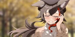 Rule 34 | 1girl, animal ear fluff, animal ears, beret, black hair, blurry, blurry background, hair ornament, hairclip, half-closed eyes, hat, highres, hololive, jewelry, long hair, looking at viewer, multicolored hair, ookami mio, ookami mio (street), orange eyes, pendant, red hair, smile, solo, streaked hair, suzuushi, virtual youtuber, wolf ears, wolf girl
