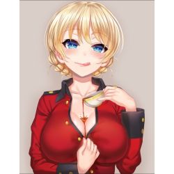 Rule 34 | 10s, 1girl, blonde hair, blue eyes, braid, breasts, bust cup, cleavage, collarbone, cup, darjeeling (girls und panzer), darkmaya, dress shirt, girls und panzer, index acg, jacket, large breasts, licking lips, lips, long sleeves, looking at viewer, military jacket, no bra, red jacket, school uniform, shirt, short hair, solo, spilling, st. gloriana&#039;s military uniform, teacup, tongue, tongue out, twin braids