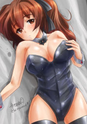 Rule 34 | 1girl, bare shoulders, black bow, blush, bow, breasts, brown eyes, brown hair, cleavage, collarbone, cuffs, detached collar, girls und panzer, hair bow, hair ornament, hand on own breast, haruhata mutsuki, koyama yuzu, leotard, long hair, looking at viewer, lying, open mouth, ponytail, sweat, thighhighs, wrist cuffs