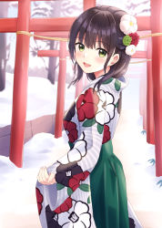 Rule 34 | 1girl, :d, absurdres, black hair, blush, commentary request, day, floral print, flower, green eyes, green hakama, hair between eyes, hair flower, hair ornament, hakama, hakama skirt, highres, japanese clothes, kimono, long sleeves, looking at viewer, looking to the side, open mouth, original, outdoors, print kimono, red flower, skirt, sleeves past wrists, smile, snow, solo, standing, striped clothes, striped kimono, torii, vertical-striped clothes, vertical-striped kimono, white flower, yukimaru217