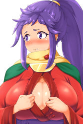 Rule 34 | 1girl, arc the lad, blush, breasts, cleavage, clenched teeth, embarrassed, highres, japanese clothes, jewelry, kukuru (arc the lad), large breasts, long hair, long sleeves, looking away, necklace, paizuri invitation, ponytail, purple eyes, purple hair, sash, scarf, teeth, todoshiroh, very long hair
