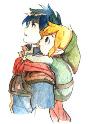 Rule 34 | 2boys, bad id, bad pixiv id, black eyes, blonde hair, blue hair, cape, carrying, fire emblem, fire emblem: path of radiance, from side, hat, headband, hug, hug from behind, ike (fire emblem), link, lowres, male focus, multiple boys, nintendo, piggyback, pointy ears, simple background, super smash bros., the legend of zelda, toon link, traditional media, uichi, white background