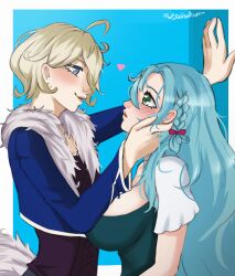 Rule 34 | 2girls, absurdres, ahoge, aqua hair, blonde hair, blue background, blue dress, blue eyes, blue jacket, blush, bow, braid, breasts, chloe (fire emblem), commentary, dress, elinniel, eye contact, fake tail, fire emblem, fire emblem engage, fur-trimmed jacket, fur trim, green eyes, hair bow, heart, highres, jacket, large breasts, looking at another, merrin (fire emblem), multiple girls, nintendo, outside border, parted lips, purple bow, purple shirt, shirt, short hair, short sleeves, smile, tail, wolf tail, yuri