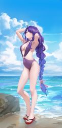 Rule 34 | 1girl, armpits, arms up, beach, blue sky, blunt bangs, braid, breasts, choker, cloud, cloudy sky, commentary, day, feet, flip-flops, foreshortening, full body, genshin impact, hair ornament, highres, horizon, large breasts, legs, leviathan (hikinito0902), long hair, looking at viewer, low-braided long hair, low-tied long hair, medium breasts, mole, mole under eye, o-ring, o-ring swimsuit, ocean, one-piece swimsuit, outdoors, parted lips, purple eyes, purple hair, purple one-piece swimsuit, raiden shogun, revision, sandals, sky, standing, swimsuit, symbol-only commentary, thighs, toes, very long hair, water, wet
