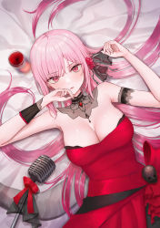 Rule 34 | 1girl, arm garter, bare shoulders, breasts, cleavage, cup, dress, drinking glass, flower, hair flower, hair ornament, highres, hololive, hololive english, large breasts, looking at viewer, lying, microphone, mori calliope, mori calliope (party dress), on back, pink eyes, pink hair, piripun, red dress, red flower, red rose, rose, solo, virtual youtuber, wine glass
