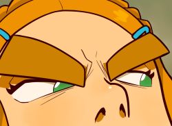Rule 34 | 1girl, brown background, facial mark, flcl, forehead, green eyes, hair ornament, hairclip, nintendo, nose, nostrils, parody, pie (aipiepo), princess zelda, solo, the legend of zelda, the legend of zelda: breath of the wild, thick eyebrows