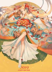Rule 34 | 1girl, 2019, animal, animal ears, asuda, blonde hair, blue eyes, blue kimono, boar, chinese zodiac, closed mouth, commentary request, forehead, full body, fur collar, happy new year, head tilt, highres, japanese clothes, kimono, long sleeves, lying, new year, no shoes, obi, on back, original, parted bangs, sash, sleeves past wrists, socks, solo, tabi, white socks, wide sleeves, year of the pig