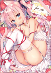 Rule 34 | 1girl, animal ear fluff, animal ears, ass, babydoll, bare shoulders, black ribbon, blue eyes, blush, breasts, card, cat ears, cat girl, cat tail, closed mouth, collarbone, commentary request, english text, flower, full body, hair between eyes, hair ribbon, long hair, looking at viewer, lying, navel, nipples, no shoes, on side, original, panties, pink hair, purple flower, red flower, red ribbon, red rose, ribbon, rose, sazaki ichiri, side-tie panties, small breasts, smile, solo, tail, thighhighs, twintails, underwear, very long hair, white babydoll, white flower, white panties, white rose, white thighhighs, yellow flower