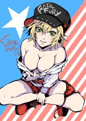 Rule 34 | 1girl, absurdres, alice garnet nakata, bare shoulders, baseball cap, blonde hair, blue eyes, blush, breasts, cleavage, collarbone, fatal fury, fatal fury cap, hair between eyes, hat, highres, kurogane naoto (churushiko), large breasts, looking at viewer, loose clothes, loose shirt, oversized clothes, oversized shirt, shirt, smile, snk, solo, the king of fighters, the king of fighters xiv