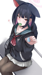 Rule 34 | 1girl, animal ears, bag, black hair, black jacket, black pantyhose, blue archive, blunt bangs, cat ears, cat girl, choker, collarbone, commentary request, food, from above, giving, hair ornament, hairclip, highres, holding, holding food, jacket, kazusa (blue archive), long sleeves, looking at viewer, looking up, macaron, mouth hold, multicolored hair, pantyhose, pleated skirt, pocket, red eyes, school bag, school uniform, serafuku, short hair, sidelocks, simple background, skirt, sleeves past wrists, solo, two-tone hair, urabesunahito, white background