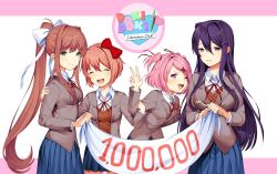 Rule 34 | 4girls, :d, arm up, banner, blazer, blue eyes, blue skirt, blush, bow, breasts, brown hair, closed eyes, closed mouth, collared shirt, commentary, copyright name, cowboy shot, doki doki literature club, facing viewer, fang, green eyes, grey jacket, hair bow, hair ornament, happy, holding, holding paintbrush, jacket, large breasts, leaning forward, locked arms, long hair, long sleeves, looking at viewer, medium breasts, monika (doki doki literature club), multiple girls, natsuki (doki doki literature club), neck ribbon, official art, one eye closed, open clothes, open jacket, open mouth, paintbrush, pink eyes, pink hair, pleated skirt, ponytail, purple eyes, purple hair, red bow, red ribbon, ribbon, round teeth, satchely, sayori (doki doki literature club), school uniform, shirt, short hair, sidelocks, simple background, skirt, small breasts, smile, standing, tareme, teeth, two side up, unbuttoned, v, v arms, very long hair, white background, white bow, white shirt, wing collar, yuri (doki doki literature club)