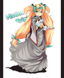 Rule 34 | 1girl, arc system works, blazblue, blazblue: continuum shift, blonde hair, bow, character name, dress, gloves, green eyes, long hair, looking at viewer, low-tied long hair, nellen, pillarboxed, platinum the trinity, quad tails, simple background, smile, solo, two side up, very long hair, white background