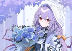 Rule 34 | 1girl, absurdres, atsuko (blue archive), blue archive, blush, bouquet, braid, closed mouth, flower, hair between eyes, highres, holding, holding bouquet, hood, hood up, hooded jacket, jacket, long hair, long sleeves, looking at viewer, purple hair, red eyes, solo, trigonometric function, twin braids, white jacket