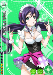 Rule 34 | 10s, 1girl, apron, aqua eyes, blush, bow, bracelet, breasts, card (medium), character name, choker, cleavage, dress, frilled dress, frilled sleeves, frills, green background, jewelry, looking at viewer, love live!, love live! school idol festival, love live! school idol project, low twintails, maid, maid apron, maid headdress, medium breasts, mogyutto &quot;love&quot; de sekkin chuu!, official art, open mouth, pink bow, pointing, pointing up, purple hair, scrunchie, solo, star (symbol), tojo nozomi, twintails