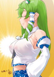 Rule 34 | 1girl, between breasts, black necktie, blue bow, blue skirt, blush, bow, breasts, closed eyes, closed mouth, collared shirt, commentary request, covered erect nipples, dated, detached sleeves, frog hair ornament, from side, green hair, hair between eyes, hair ornament, highres, kei jiei, kochiya sanae, large breasts, long hair, medium bangs, necktie, necktie between breasts, shirt, sideboob, sidelocks, single hair tube, skirt, sleeve bow, sleeveless, sleeveless shirt, smile, snake hair ornament, solo, touhou, upper body, white shirt, white sleeves, yellow background