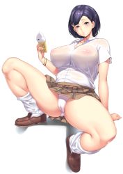 Rule 34 | 1girl, bad proportions, black hair, blue eyes, blush, breasts, cameltoe, cellphone, covered erect nipples, earrings, hakai shin, highres, jewelry, large breasts, looking at viewer, nipples, open mouth, panties, phone, plaid, plaid skirt, see-through, see-through silhouette, shirt, short hair, simple background, skirt, solo, spread legs, underwear, white background, white legwear, white shirt