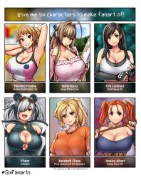 Rule 34 | 6+girls, absurdres, amagi brilliant park, animal ears, annabeth chase, antenna hair, arknights, armpits, arms behind head, bare shoulders, black bra, black gloves, black hair, blonde hair, blue eyes, blurry, blurry background, blush, bra, breasts, brown eyes, brown hair, character name, china dress, chinese clothes, cleavage, cleavage cutout, clothing cutout, copyright name, dragon quest, dragon quest viii, dress, elbow gloves, english text, erkaz, eyewear on head, fang, feater (arknights), final fantasy, final fantasy vii, fingerless gloves, frilled shirt, frills, gloves, grey hair, gundam, gundam build fighters, gundam build fighters try, hair over one eye, highres, hoshino fumina, jacket, jessica albert, large breasts, long hair, multicolored hair, multiple drawing challenge, multiple girls, off shoulder, open mouth, orange hair, orange shirt, panda ears, panda girl, parted lips, percy jackson (series), percy jackson and the olympians, pink jacket, ponytail, print shirt, red eyes, sento isuzu, shirt, short sleeves, six fanarts challenge, smile, square enix, sunglasses, swept bangs, tank top, tifa lockhart, twintails, two-tone hair, underwear, upper body, white tank top