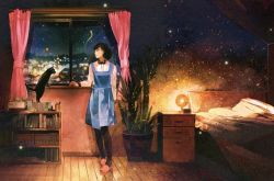 Rule 34 | 1girl, bed, black cat, black hair, black pantyhose, blue dress, book, bookshelf, cabinet, cat, clock, closed mouth, commentary request, curtains, dress, gemi, indoors, lamp, light particles, long sleeves, night, night sky, original, pantyhose, pillow, pinafore dress, plant, potted plant, shirt, short hair, sky, sleeveless dress, slippers, smile, solo, white shirt, window