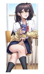 Rule 34 | 1girl, absurdres, arm support, black nails, black skirt, black socks, brown hair, cardigan, cellphone, chair, clothes lift, collared shirt, commentary, cropped legs, crossed legs, desk, emile aoi, english commentary, girls&#039; frontline, green pupils, highres, holding, holding phone, indoors, inset border, long hair, looking at viewer, one side up, paid reward available, panties, parted lips, phone, pleated skirt, scar, scar across eye, school desk, school uniform, scrunchie, shirt, skirt, skirt lift, smartphone, smile, socks, solo, string panties, ump45 (girls&#039; frontline), underwear, white shirt, wrist scrunchie, yellow cardigan, yellow eyes, yellow panties