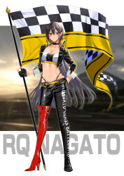 Rule 34 | 1girl, alternate costume, belt, black gloves, black hair, black jacket, black panties, boots, breasts, checkered flag, cleavage, closed mouth, collarbone, cropped jacket, flag, full body, gloves, high heels, highleg, highleg panties, highres, holding, holding flag, jacket, kantai collection, large breasts, long hair, long sleeves, looking at viewer, machi (ritovoyage), midriff, nagato (kancolle), navel, open clothes, open jacket, panties, partially fingerless gloves, race queen, red eyes, red footwear, solo, strapless, thigh boots, tube top, twitter username, underwear, yellow belt