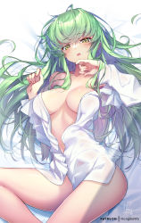 Rule 34 | 1girl, bare shoulders, bed sheet, breasts, c.c., code geass, fingernails, green hair, hong (white spider), long hair, long sleeves, looking at viewer, lying, medium breasts, off shoulder, on back, open clothes, open mouth, open shirt, patreon username, revision, shirt, signature, solo, teeth, thighs, upper teeth only, white shirt, yellow eyes