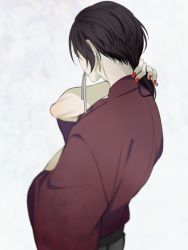Rule 34 | 10s, 1boy, alternate costume, androgynous, black hair, earrings, from behind, hiki yuichi, japanese clothes, jewelry, kashuu kiyomitsu, long hair, male focus, mole, mole under mouth, mouth hold, nail polish, personification, red nails, simple background, solo, touken ranbu, traditional clothes, upper body