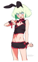 Rule 34 | 1boy, alternate costume, animal ears, artist name, black shirt, black shorts, black wrist cuffs, blush, chinese clothes, cleavage cutout, clothing cutout, colored eyelashes, crop top, cropped legs, embarrassed, fake animal ears, green hair, groin, highres, lio fotia, male focus, midriff, navel, ns1123, open mouth, promare, purple eyes, rabbit ears, shirt, short hair, shorts, sidelocks, simple background, sleeveless, solo, sweatdrop, thighs, trap, v-shaped eyebrows, white background, wrist cuffs