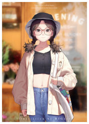 Rule 34 | 1girl, absurdres, bad id, bad pixiv id, bag, bigxixi, black hat, black shirt, blue pants, blurry, blurry background, border, braid, brown eyes, brown hair, brown jacket, buttons, closed mouth, commentary, cowboy shot, crop top, depth of field, english text, glasses, hair over shoulder, hat, high-waist pants, highres, holding strap, jacket, long hair, long sleeves, looking at viewer, midriff, navel, open clothes, open jacket, original, pants, parted bangs, shirt, shoulder bag, solo, standing, symbol-only commentary, twin braids