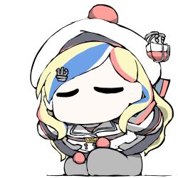 Rule 34 | 1girl, blonde hair, blue dress, blue hair, bowing, buttons, chibi, closed eyes, commandant teste (kancolle), dress, grey socks, hair ornament, hairclip, hat, jacket, kantai collection, long hair, long sleeves, multicolored hair, no mouth, red hair, sailor collar, simple background, socks, solo, streaked hair, swept bangs, task (s task80), white background, white hat, white jacket