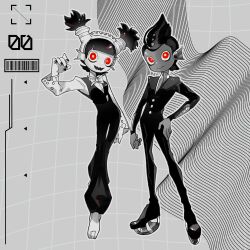 Rule 34 | 1boy, 1girl, arm at side, arms at sides, barcode, bell-bottoms, black hair, black nails, black pants, black suit, black vest, blunt bangs, bow, bowtie, closed mouth, dark-skinned male, dark skin, dress shirt, fins, formal, full body, glowing, glowing eyes, grey background, grid background, hair slicked back, hand on own hip, hand up, head fins, headdress, highres, inline skates, jelleton, long sleeves, looking at viewer, medium hair, nail polish, nintendo, open mouth, ore is xtai, outline, panicking alla mambo, pants, personification, red eyes, roller skates, shirt, short hair, short twintails, skates, splatoon (series), splatoon 3, splatoon 3: side order, springing spiccato, standing, straight hair, suit, torn clothes, torn sleeves, twintails, vest, wavy mouth, white bow, white bowtie, white footwear, white outline, white shirt