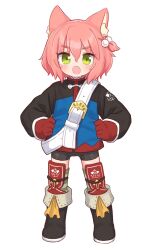 Rule 34 | 1girl, 7th dragon, 7th dragon (series), animal ear fluff, animal ears, belt, belt buckle, bike shorts, black footwear, black shorts, blue jacket, blush, boots, buckle, cat ears, commentary request, fang, fighter (7th dragon), full body, gloves, green eyes, hair between eyes, hair bobbles, hair ornament, hands on own hips, harukara (7th dragon), highres, jacket, looking at viewer, naga u, one side up, open mouth, pink hair, red gloves, shorts, simple background, solo, standing, striped clothes, striped thighhighs, thighhighs, thighhighs under boots, white background, white belt