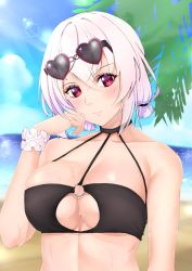 Rule 34 | 1girl, alternate costume, azur lane, beach, bikini, black bikini, blush, breasts, choker, cleavage, closed mouth, collarbone, commentary request, crossed bangs, day, eyewear on head, hair between eyes, head tilt, heart, heart-shaped eyewear, large breasts, looking at viewer, miss non, o-ring, o-ring top, outdoors, red eyes, scrunchie, short hair, sirius (azur lane), sirius (scorching-hot seirios) (azur lane), sky, smile, solo, sunglasses, swimsuit, wet, white hair, wrist scrunchie