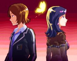 Rule 34 | 1boy, 1girl, amano maya, back-to-back, black jacket, breasts, brown eyes, brown hair, bug, butterfly, closed mouth, collared shirt, eyelashes, frown, highres, insect, jacket, lips, long hair, necktie, persona, persona 2, pink lips, purple eyes, purple hair, purple necktie, school uniform, seven sisters high school uniform, shirt, short hair, small breasts, smile, suou tatsuya, white shirt, zawabug